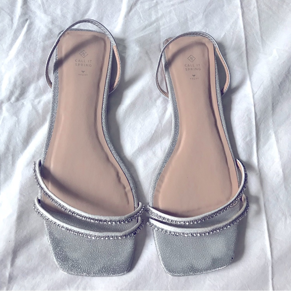 Call It Spring 30 Amarah Flat Sandals Silver Square Toed Diamanté studded Straps